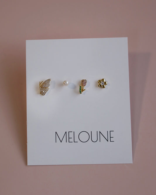 Set 4 pozlacených náušnic (motýlek, 2x kytička, perla) - ALICE GARDEN
